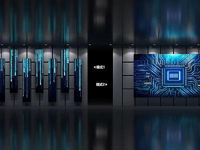Modern Technology Background Wall With Blue LED Strips And Circuit Board 3d model