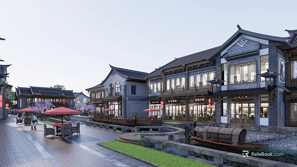 Traditional Chinese Commercial Landscape With Classical Roofs Outdoor Seating And Red Umbrellas Along Water Channel 3d model 