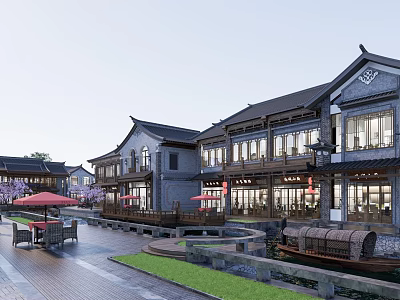 Traditional Chinese Commercial Landscape With Classical Roofs Outdoor Seating And Red Umbrellas Along Water Channel 3d model