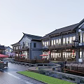Traditional Chinese Commercial Landscape With Classical Roofs Outdoor Seating And Red Umbrellas Along Water Channel