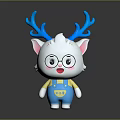White Cartoon Cat Character With Blue Antlers Glasses And Blue Overalls With Yellow Buttons