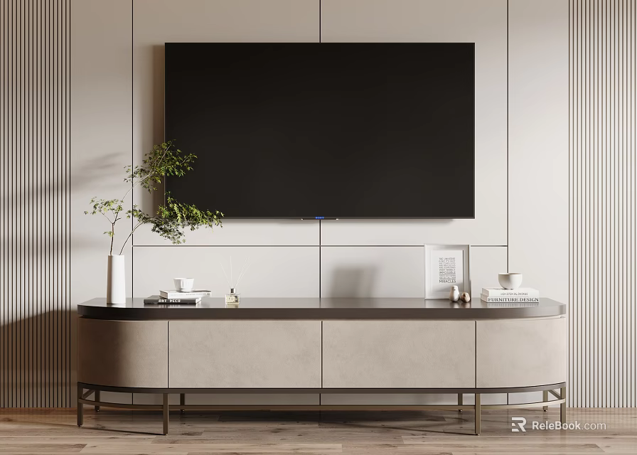 Modern Light Toned TV Stand With Wall Mounted TV Green Plant And Decorative Items 3d model 