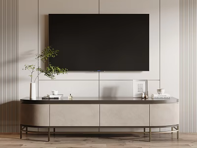 Modern Light Toned TV Stand With Wall Mounted TV Green Plant And Decorative Items 3d model