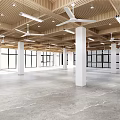 Spacious Interior With Wooden Ceiling Ceiling Fans Recessed Lights White Columns Large Windows Marble Floor