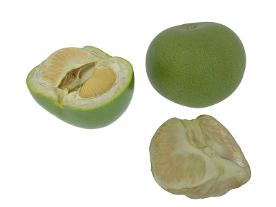 Fresh Green Pomelo Fruit With Whole Cut Open White Flesh And Peeled Segments 3d model