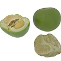 Fresh Green Pomelo Fruit With Whole Cut Open White Flesh And Peeled Segments