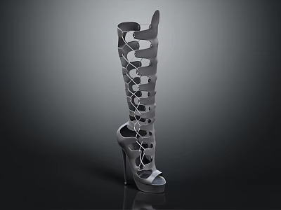 Silver Knee High Boots With Cut Out Design And Stiletto Heel Open Toe 3d model