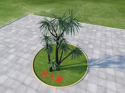 Green Cactus Plants In Circular Grassy Area With Gray Tiled Ground And Green Grass Background 3d model