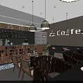 Cozy Café Interior With Pendant Lights Wooden Counter Tables Chairs And Coffee Sign