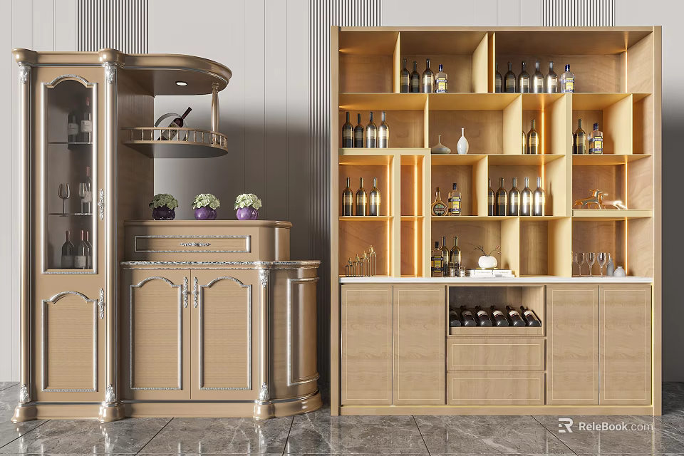Elegant Wooden Wine Cabinet With Glass Shelves Decorative Plants And Wine Bottles 3d model 