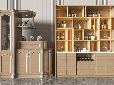 Elegant Wooden Wine Cabinet With Glass Shelves Decorative Plants And Wine Bottles 3d model