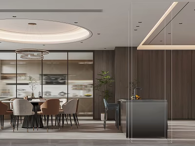 Elegant Modern Restaurant Interior With Dining Table Chairs Pendant Lights Wooden Accents And Green Plants 3d model