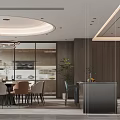 Elegant Modern Restaurant Interior With Dining Table Chairs Pendant Lights Wooden Accents And Green Plants