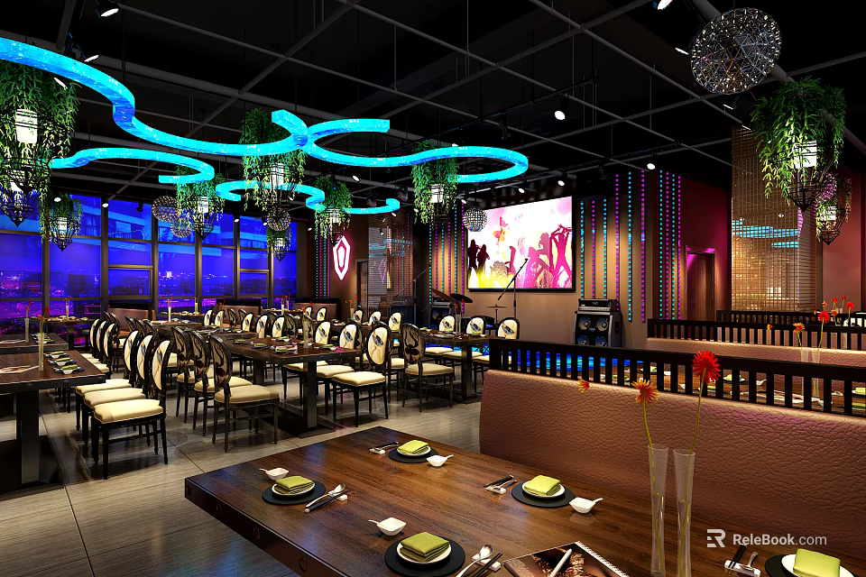 Modern Restaurant Interior With Blue Purple Lighting Circular Hanging Lights Large Screen And Dining Tables 3d model 