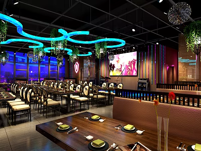 Modern Restaurant Interior With Blue Purple Lighting Circular Hanging Lights Large Screen And Dining Tables 3d model