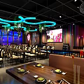 Modern Restaurant Interior With Blue Purple Lighting Circular Hanging Lights Large Screen And Dining Tables