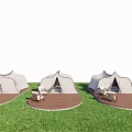 Garden Landscape with White Tent Structures Wooden Deck Green Grass Trees and Outdoor Chairs