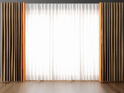 Stylish Dark Curtains With White Sheer Panels By Wooden Window Frame In Bright Room 3d model