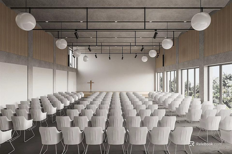 Modern Conference Room Interior Design With Rows Of White Chairs And Round Pendant Lights 3d model 