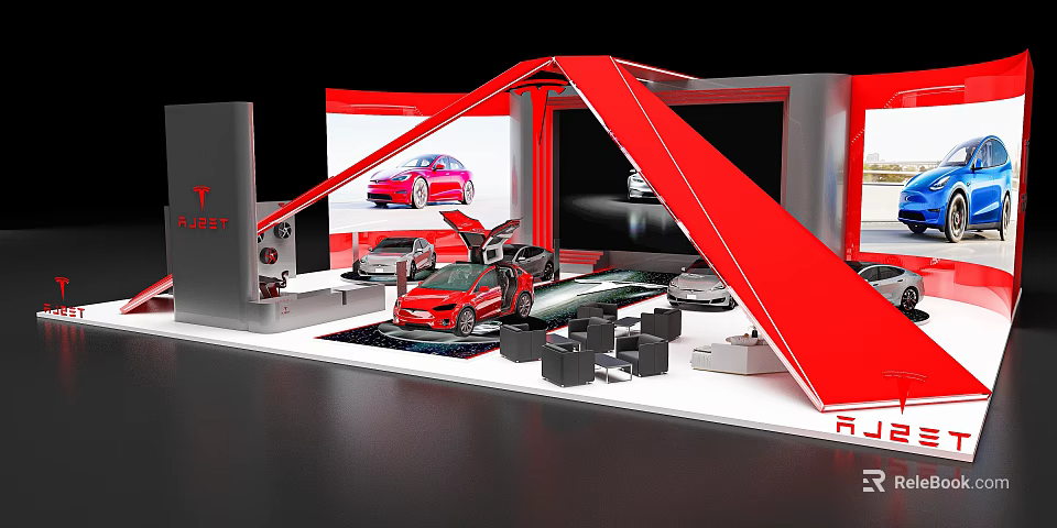 Tesla Exhibition Booth Featuring Red Car Display Large Screens And Modern Design 3d model