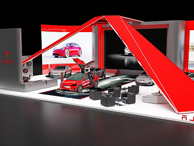 Tesla Exhibition Booth Featuring Red Car Display Large Screens And Modern Design 3d model