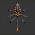 Game and Movie Character Riding Futuristic Mechanical Spider With Red Lights and Flaming Weapon