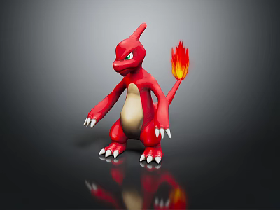 Red Creature With Flame Tail Green Eyes And White Claws Standing On Black Surface 3d model