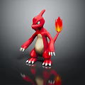Red Creature With Flame Tail Green Eyes And White Claws Standing On Black Surface