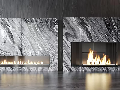 Modern Double Fireplaces With Marble Wall And Flames In Contemporary Interior Design 3d model