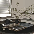 Decorative Ornament Set with Vase Branch Tea Cups Jar Books Tray Shells on Round Table