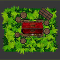Wooden Cart With Red Canopy Surrounded By Green Plants And Barrels
