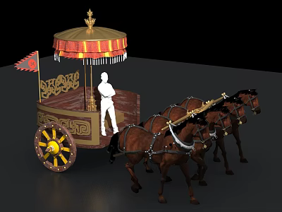 Ornate Carriage Pulled by Two Brown Horses with Red Canopy Gold Decorations Intricate Carved Patterns 3d model