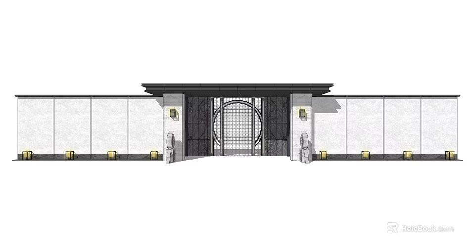 Traditional Chinese Entrance Gate With Black Door Circular Lattice And Stone Lion Statues 3d model 