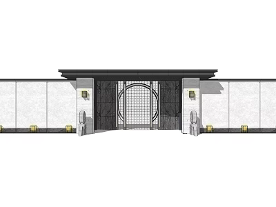 Traditional Chinese Entrance Gate With Black Door Circular Lattice And Stone Lion Statues 3d model