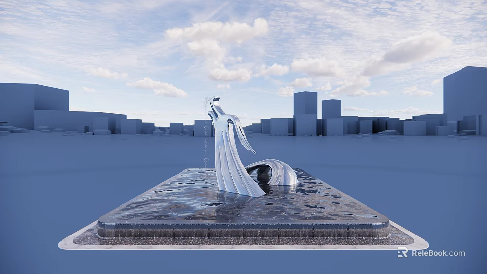 Modern Urban Water Fountain With Silver Sculpture Square Base And Blue Sky 3d model 
