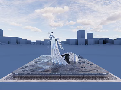 Modern Urban Water Fountain With Silver Sculpture Square Base And Blue Sky 3d model