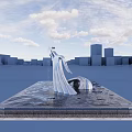 Modern Urban Water Fountain With Silver Sculpture Square Base And Blue Sky