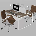 Modern Office Desk With Two Monitors Clock Keyboard And Brown Chairs 3d model