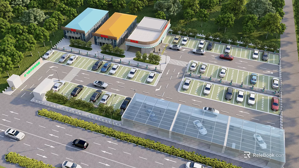 Aerial View of Urban Commercial Zone With Parking Lot Buildings Cars and Green Surroundings 3d model 
