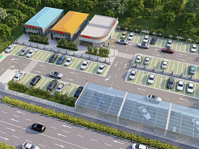 Aerial View of Urban Commercial Zone With Parking Lot Buildings Cars and Green Surroundings 3d model