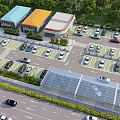 Aerial View of Urban Commercial Zone With Parking Lot Buildings Cars and Green Surroundings