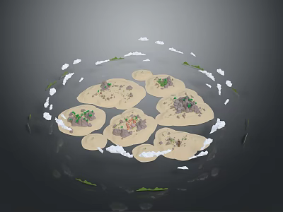 Natural Circular 3D Landscape Design With Wood And Stone Islands And Green Vegetation 3d model