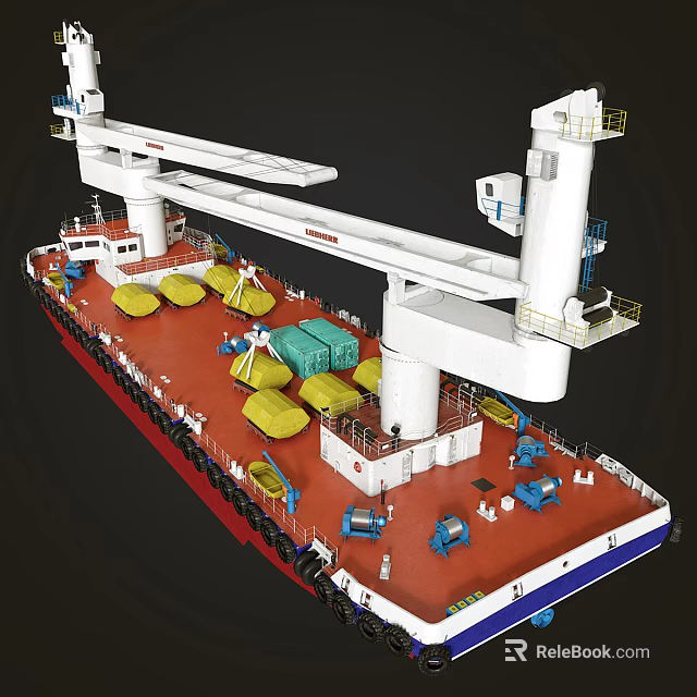 Large Water Transport Vessel Featuring Yellow Cargo And White Crane Structures On Deck 3d model 
