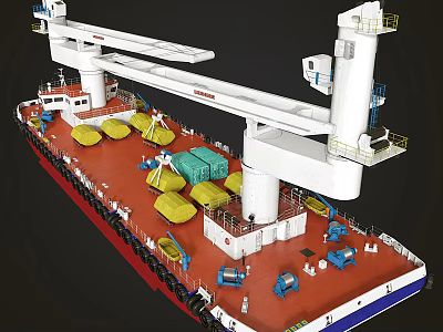 Large Water Transport Vessel Featuring Yellow Cargo And White Crane Structures On Deck 3d model