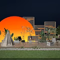 Artistic Floral Installation In Outdoor Night Scene With Orange Circular Decor Wooden Frames And Greenery