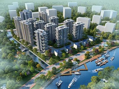 Aerial Planning of Modern Residential Area with High Rise Buildings Waterfront Boats and Lush Greenery 3d model