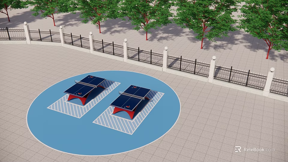 Outdoor Table Tennis Tables in Blue Circular Court Area with Surrounding Fence and Trees 3d model 