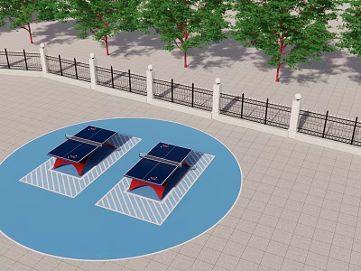 Outdoor Table Tennis Tables in Blue Circular Court Area with Surrounding Fence and Trees 3d model