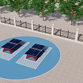 Outdoor Table Tennis Tables in Blue Circular Court Area with Surrounding Fence and Trees