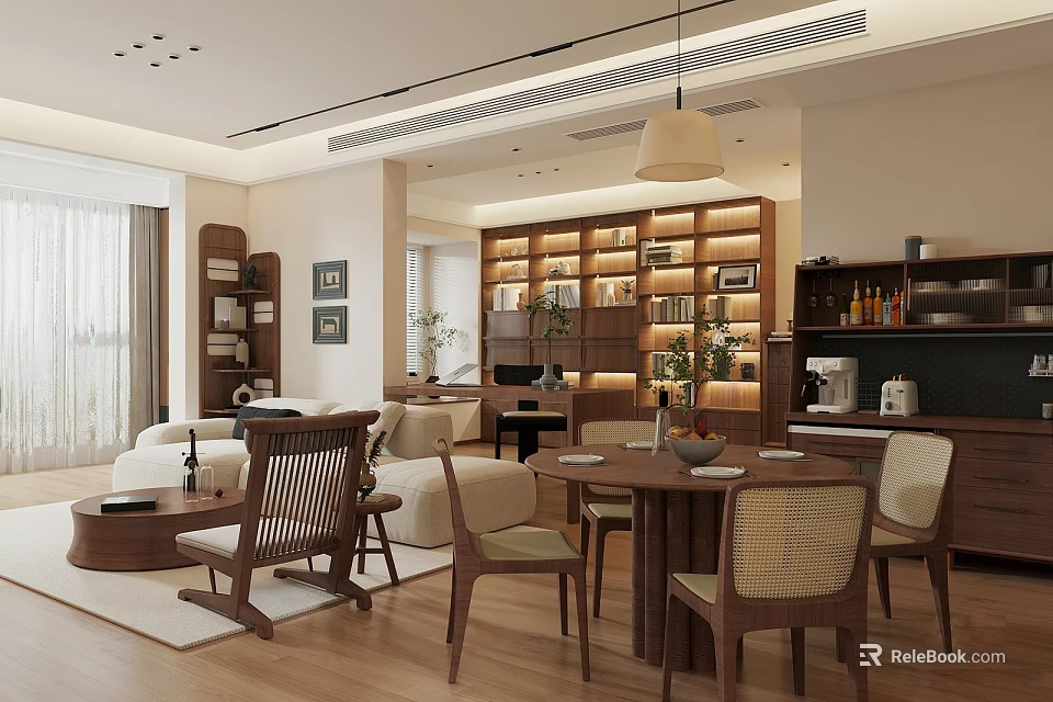 Cozy Living And Dining Room Interior With Wooden Furniture Dining Table Chairs Bookshelves And Plants 3d model 
